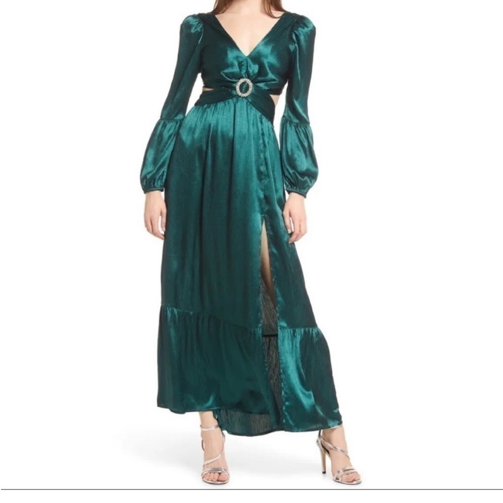 RAHI Emerald Green Cutout Evening Gown Long Sleeve Emerald Green